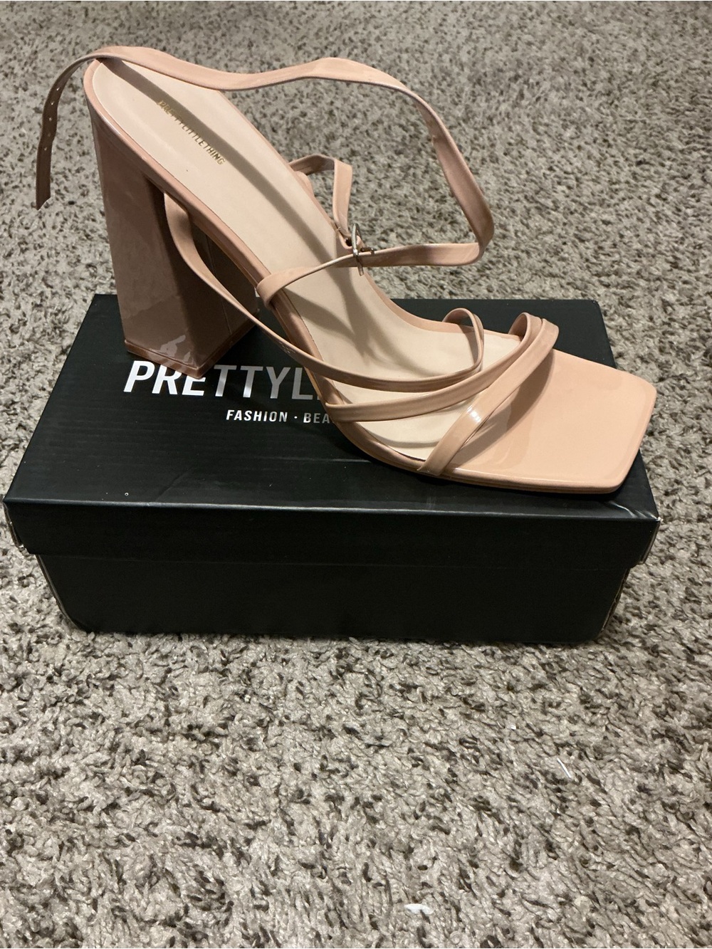 PrettyLittleThing Blush Patent Strappy Block Heel Sandals